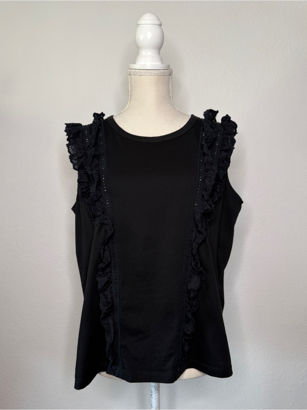 Veronica Beard Black Ruffled Sleeveless Pima Cotton Tank Top Size XL